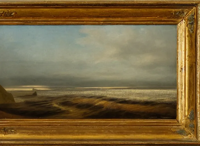 Image similar to the north sea ( doggerland ) frozen over and the water lowered during the last ice ages, in the style of hudson river school of art, oil on canvas