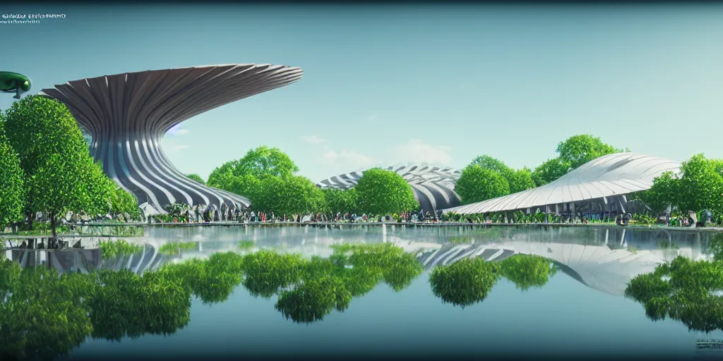 Image similar to montreal expo 6 7 pavillion, solarpunk, studio ghibli, jean - baptiste monge, octane render, 4 k, symmetry