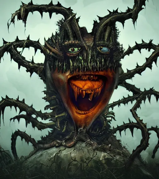 Image similar to a tim burton design of a horrifying king creature made of pumpkin, fat, limbs made from vines, sitting on a stone throne, detailed game art illustration, menacing carved facial expression, creepy lighting, dynamic pose, 4 k artstation, masterpiece