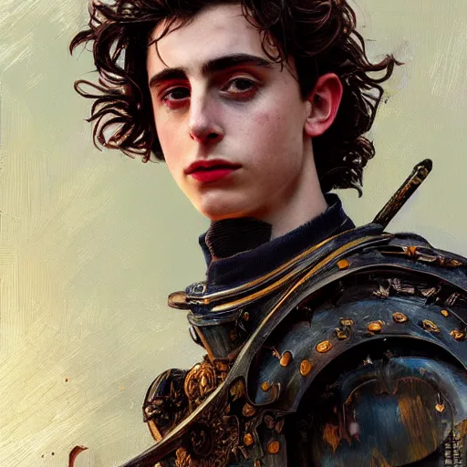 Image similar to Portrait of Timothée Chalamet as a bruised knight, fantasy, intricate, headshot, highly detailed, digital painting, artstation, concept art, sharp focus, cinematic lighting, illustration, art by artgerm and greg rutkowski, alphonse mucha, cgsociety