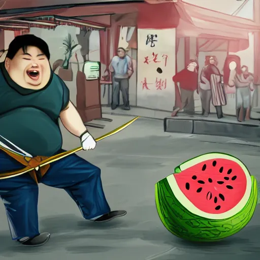 Prompt: a chinese fat guy being stabbed by was stabbed by a man with a watermelon knife in a melon stall.digital art,trending on artstation.