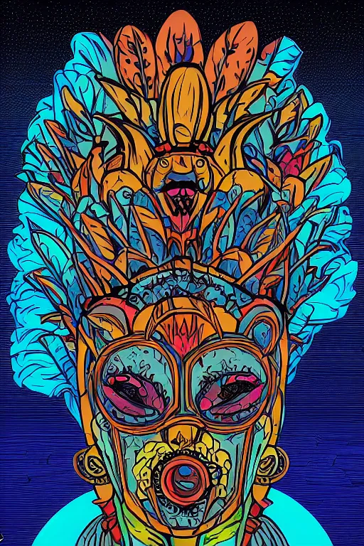 Image similar to animal mask totem roots flower tribal feather gemstone plant wood rock shaman vodoo video game vector cutout illustration vivid multicolor borderlands comics by josan gonzales and dan mumford radiating a glowing aura