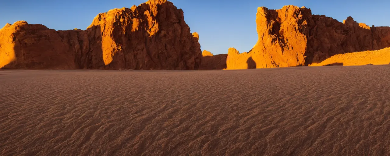 Prompt: great desert landscape with cliffs and sand dunes, warmth, heat, sand, glaring sun, camels, filmic,