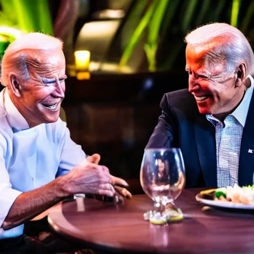 Image similar to Trump and Biden having dinner at a fancy Balinese restaurant, award winning photography, 85mm, perfect faces