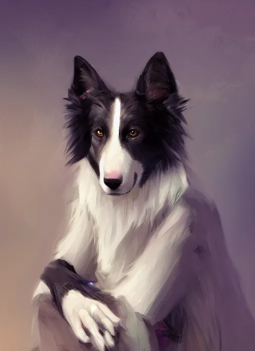 Prompt: wide angle beautiful full body portrait of a strong male anthropomorphic anthro border collie fursona sitting in a parlor room, character design by charlie bowater, henry asencio, and ross tran, disney, scenic background, detailed, aesthetic, trending on artstation, furaffinity, deviantart