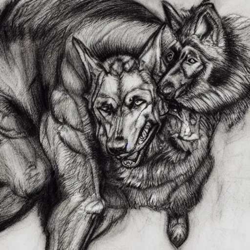 Image similar to a humanoid german shepherd beast - man wrestling with another german shepherd in the middle of an arena, pencil art, added detail, high definiton, colored, aerial viewyoji shinkawa