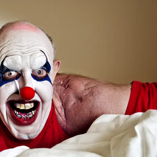 Prompt: delirious elderly clown supine in hospital bed, strapped into bed with restraints, trying to get out but unsuccessful, photograph, 8 k