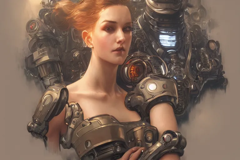 Image similar to Ultra realistic illustration, woman hugging a robot cyberpunk, sci-fi, fantasy, intricate, elegant, highly detailed, digital painting, artstation, concept art, smooth, sharp focus, illustration, art by artgerm and greg rutkowski and alphonse mucha