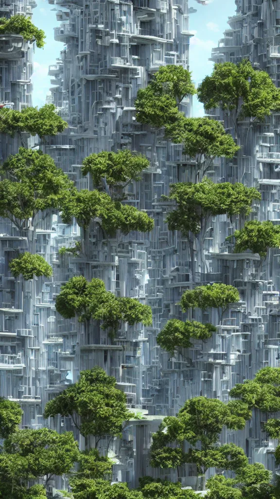 Prompt: ultrarealistic matte painting of a sustainable futuristic building in a urban setting. the close - up of the building has many deep and tall balconies covered in plants and trees. thin random columns, large windows, deep overhangs. intense color fabric and plants hang from balconies. greeble articulated details with plants. sharp focus. 8 k