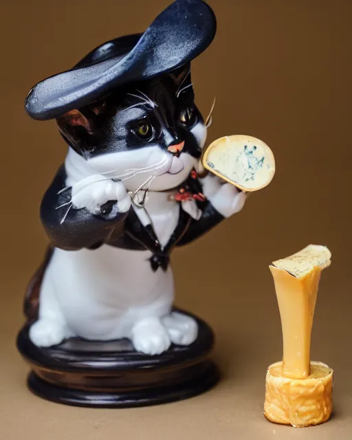 Image similar to high quality presentation photo of a a detailed porcelain figurine of a cute cat dressed as Napoleon holding a piece of chesse, photography 4k, f1.8 anamorphic, bokeh, 4k, Canon, Nikon