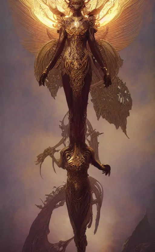 Prompt: ascending dark full body redhead goddess angel, intricate armor, highly detailed, glowing, action pose, cinematic, Art Deco, gold filigree, ethereal, alfonso mucha, zdzisław beksiński, Andrei ryabovichev, Shaun tan, Chriss foss, Peter mohrbacher, 8k