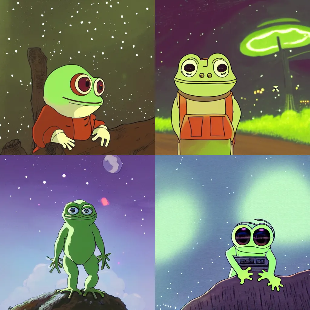 Prompt: pepe the frog leaning on a tree looks at akihabara - dressed as a spaceship pilot in a misty moonlit scenario, painting by studio ghibli. surrounded by fireflies, cinematic lighting, trending on artstation