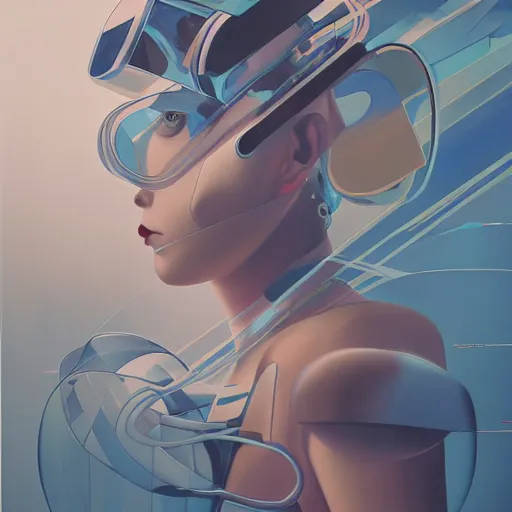 Image similar to scifi futurism automaton minimalism chrome by peter mohrbacher art Hajime Sorayama airbrush hyperrealism model abstract shatter fragments cubism futurism pastel blue soft flat minimal minimalism portrait face jackson pollock ukiyo-e lithograph mark ruthko swirl escape noise shimmer glow paint