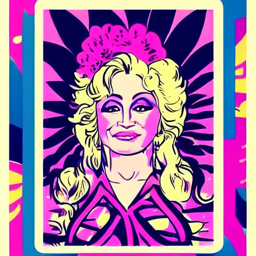 Prompt: 70s graphic design poster with a Dolly Parton’s face, flower child, groovy, retro, hippie, pink tones