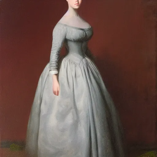 Image similar to portrait of Dasha Nekrasova wearing grey 1850 dress, in the style of the Hudson River School