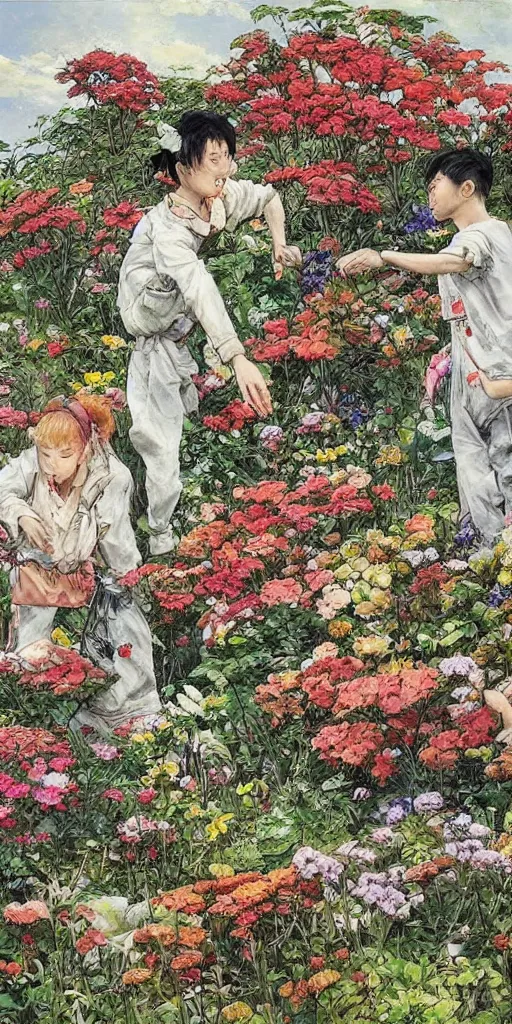 Image similar to oil painting scene from gardeners in the flower garden by kim jung gi