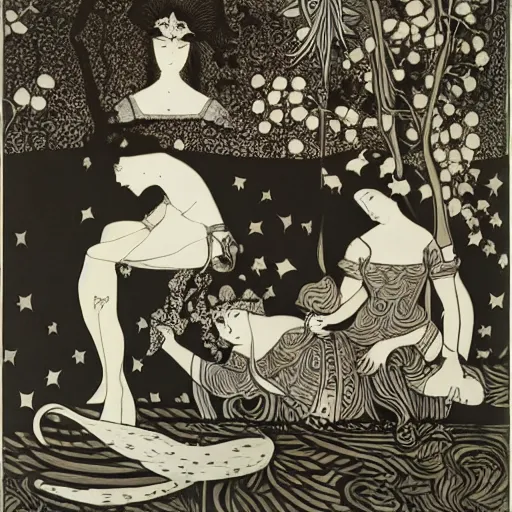 Prompt: how four queens found launcelot sleeping, aubrey beardsley