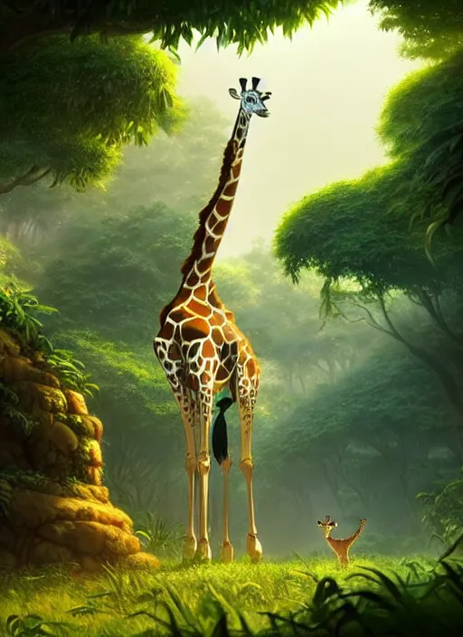 Prompt: a wholesome animation key shot of a giraffe, jungle in the background, studio ghibli, pixar and disney animation, sharp, rendered in unreal engine 5, anime key art by greg rutkowski, bloom, dramatic lighting