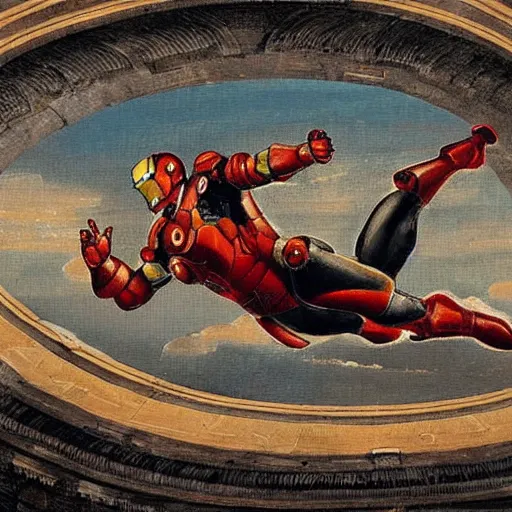 Image similar to hellenistic greece painting of ironman flying across the coliseum