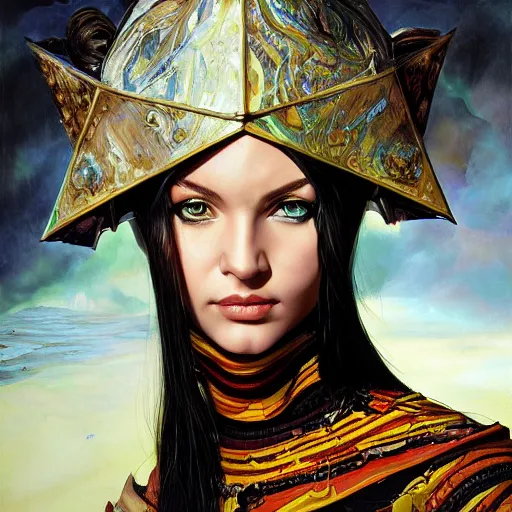 Image similar to high quality high detail portrait of a young gorgeous female warlock, fantasy, d & d, painting by lucian freud and mark brooks, hd