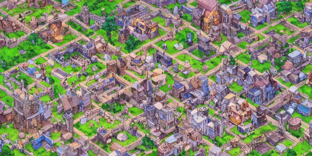 Image similar to rpg isometric top view of a lovely anime medieval fantasy village!! jrpg!! cory loftis, james gilleard, atey ghailan, makoto shinkai, goro fujita, studio ghibli, rim light, exquisite lighting, clear focus, very coherent, plain background, soft painting