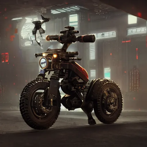 Prompt: panorama industrial military robot on a sci-fi military style motocycle, wearing bullet-riddled armor, glowing red eyes, wearing brutalist art deco industrial cyberpunk alley, dynamic dramatic dark moody lighting,shadows,cinematic atmosphere,Artstation, hyperrealistic 3D digital art,Octane render,8K 4K UHD image