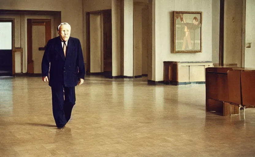 Image similar to 50s movie still close-up portrait of an elder soviet general crossing an empty stalinist hall, by David Bailey, Cinestill 800t 50mm eastmancolor, heavy grainy picture, very detailed, high quality, 4k, HD criterion, precise texture and facial expression