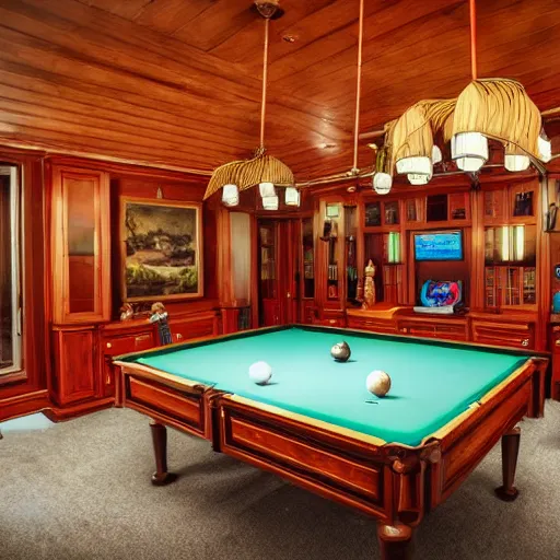Image similar to a small sloop in which a large billiards table is placed. on the billiards table are twenty balls. focus on the billiards table with extremely high detail. the sloop is on the ocean. the weather is bad and cloudy. professional lighting.