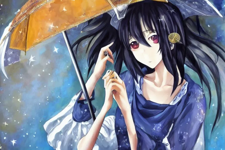 Prompt: mayuri shiina from steins gate, beautiful anime, oil painting, holding a umbrella, looking to stars, cute animals, in blue dress, super detailed , beautiful anime art, drinking tea