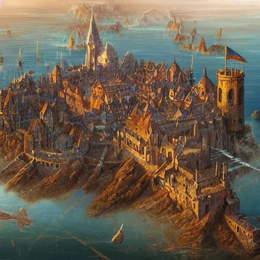 Prompt: Aerial map of a medieval coastal city, D&D, fantasy, highly detailed, digital painting, artstation, smooth, sharp focus, illustration, art by artgerm and greg rutkowski and Thomas Kinkade