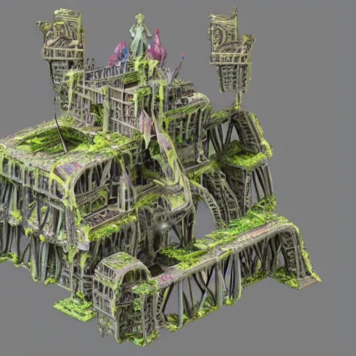 Prompt: humanoid avatar in a simulated castle at the center of the nearly static slow - motion carnage that engulfed it. the structure was shaped very roughly as a sphere, with a tangle of escher - like stairways, bridges, and balconies covered in an unending variety of plant, animal, and machine life