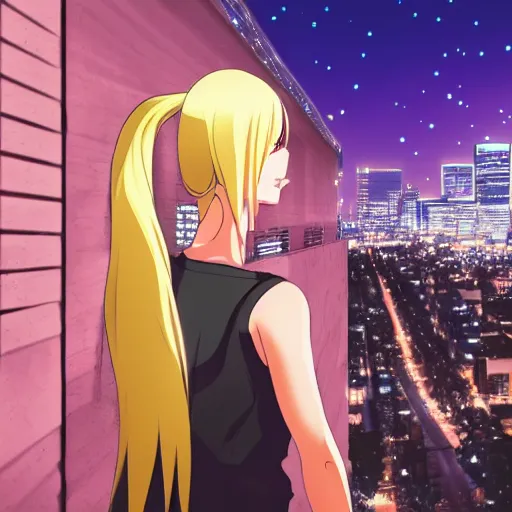 Prompt: a blonde woman with a ponytail wearing black stands on her balcony over a city street at night, anime style, 4k