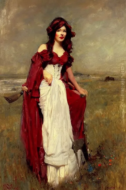 Prompt: Solomon Joseph Solomon and Richard Schmid and Jeremy Lipking victorian genre painting full length portrait painting of a young beautiful woman traditional german french Gene Tierney barmaid in fantasy costume, red background
