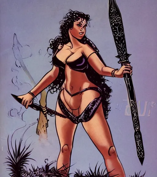 Image similar to 1 9 8 0 s fantasy novel book cover, bbw plus size amazonian 1 9 - year - old winona ryder in extremely tight bikini armor wielding a cartoonishly large sword, exaggerated body features, dark and smoky background, low quality print