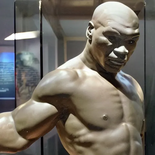 Prompt: a greek statue of mike tyson, inside of a glass case inside of a museum, photograph