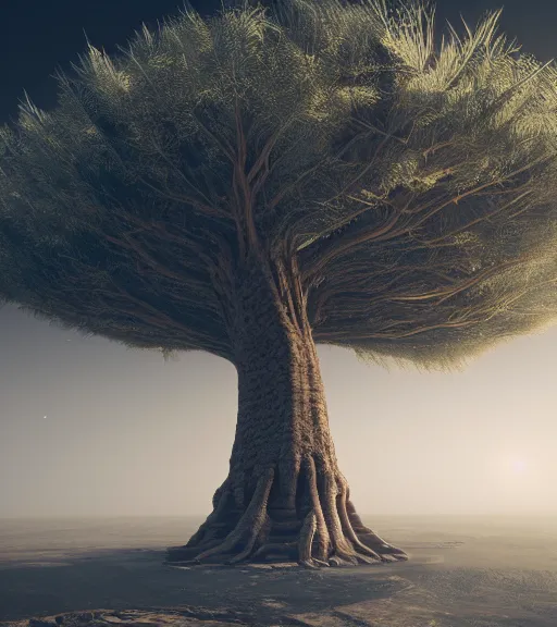 Image similar to surreal theory of ancient futuristic anaconda tree in the desert, foggy sky, dark night, octane render, unreal engine, pale colors, high detail, 8 k, wide angle, trending on artstation, behance