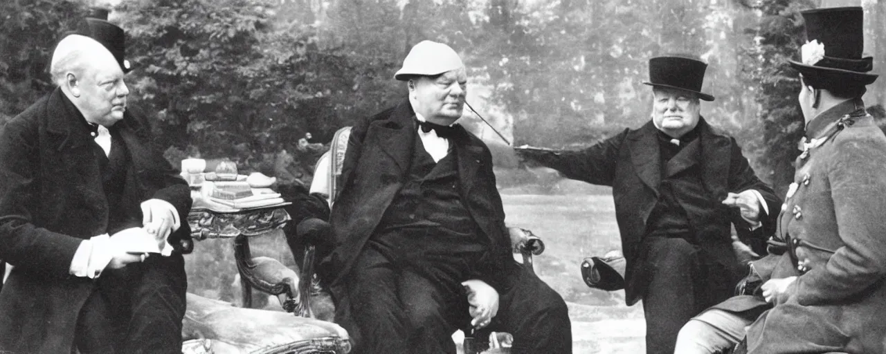 Image similar to Winston Churchill talking to Napoleon Bonaparte, vintage photo