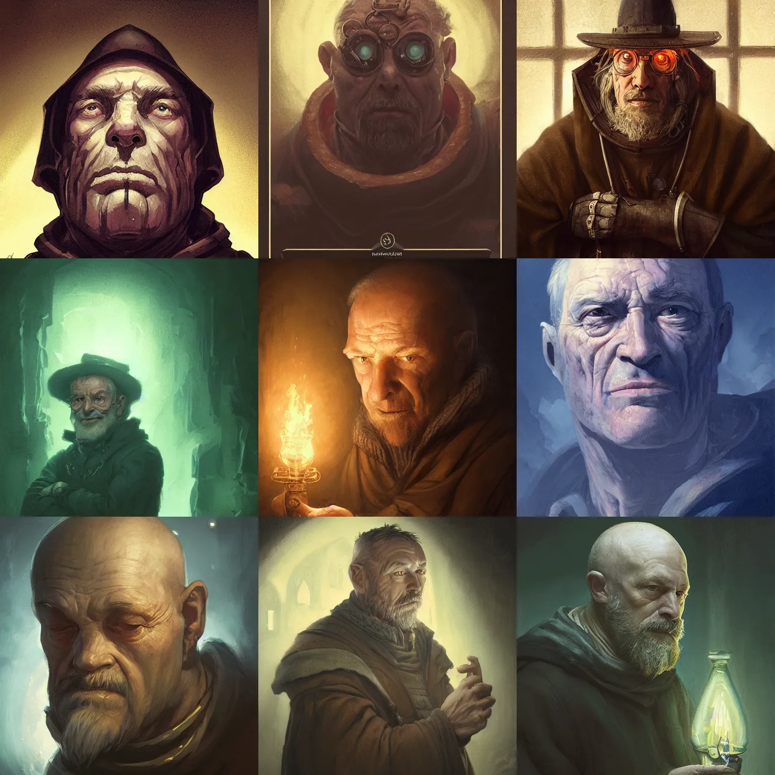 Prompt: portrait of an old, medieval alchemist in the dark, close up, leaning head, he is looking into the distance thoughtfully!!. studio lighting bright ambient lighting key light, fantasy, detailed, photorealistic portrait by michael komarck, greg rutkowski, victo ngai, artgerm and j. dickenson