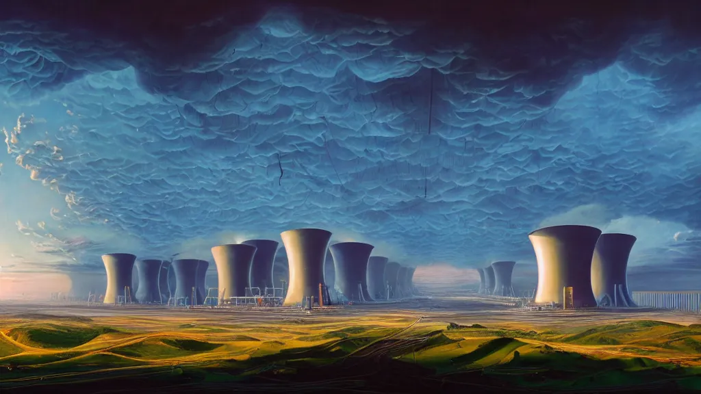 Image similar to Epic Clean Nuclear Plant emerge from the futurist utopia; by Oswaldo Moncayo and Vincent Callebaut; by Simon Stålenhag, oil on canvas; Art Direction by James Cameron; Location: Quito Ecuador 4K, 8K; Ultra-Realistic Depth Shading