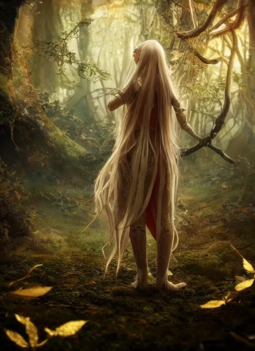 Image similar to magical forest with gold and silver leafs, music, girl with blond long hair back view, elves, lord of the rings style, ultra detailed, trending on artstation, concept art, octane render, unreal engine,