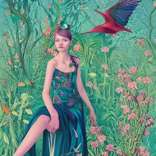 Image similar to pretty model with botanical and birds : : by martine johanna and simon stalenhag and chie yoshii and casey weldon and wlop : : ornate, dynamic, particulate, rich colors, intricate, elegant, highly detailed, vogue, harper's bazaar art, fashion magazine, smooth, sharp focus, 8 k, octane render