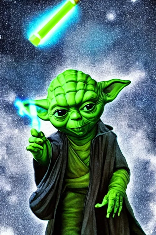 Prompt: yoda floating through space smoking a large joint