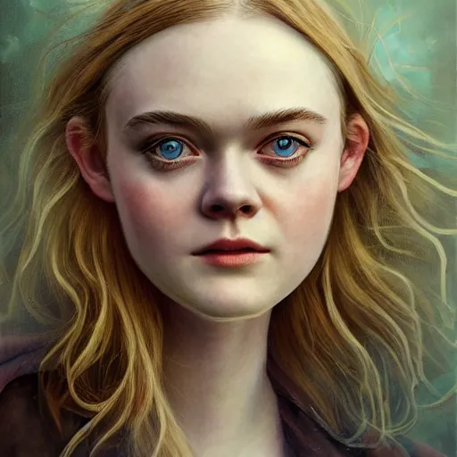 Prompt: professional painting of Elle Fanning in the style of Andrea Kowch, head and shoulders portrait, symmetrical facial features, smooth, sharp focus, illustration, intricate, stormy weather, extremely detailed masterpiece,