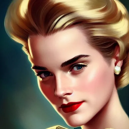 Image similar to A combination of Grace Kelly's and Emma Watson's faces with blonde hair and red lipstick, western, D&D, fantasy, intricate, elegant, highly detailed, digital painting, artstation, concept art, matte, sharp focus, illustration, art by Artgerm and Greg Rutkowski and Alphonse Mucha