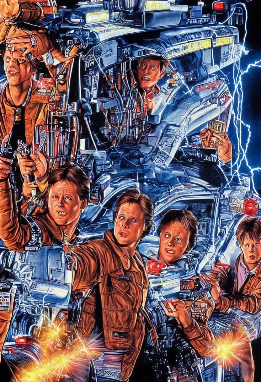 Prompt: 8 0's movie poster for back to the future vs. ghostbusters, art by drew struzan