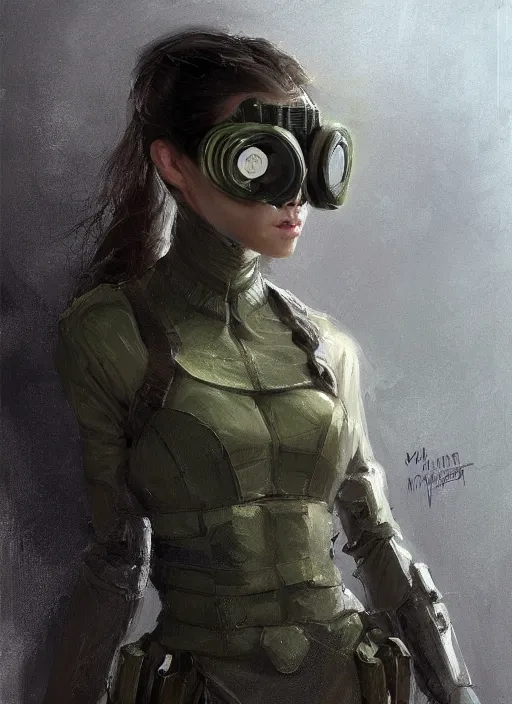 Image similar to a professional painting of a beautiful young female, clothed in stealth armor, nightvision goggles, olive skin, long dark hair, beautiful bone structure, symmetrical facial features, intricate, elegant, digital painting, concept art, smooth, sharp focus, illustration, from Metal Gear, by Ruan Jia and Mandy Jurgens and Artgerm and William-Adolphe Bouguerea