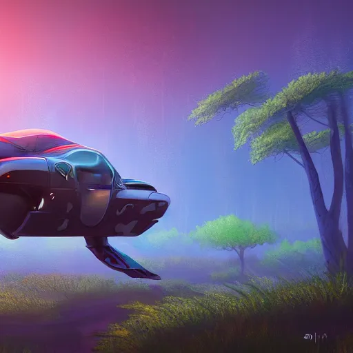 Image similar to flying car in futuristic spiritual mystical post apocalyptic forest by ron gilbert, dim painterly volumetric aquatic sunset lighting, beautiful, crisp, artstation, highly detailed