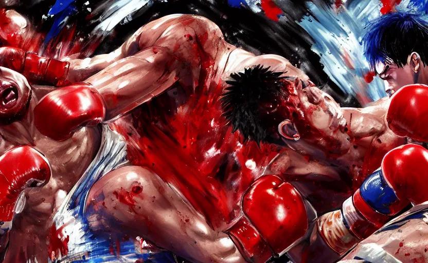 Prompt: a violent boxing match, a boxer punches a boxer in the face, anime, manga panel, masterpiece, by joji morikawa, 4 k wallpaper, bloody, hajime no ippo manga inspired, splashes of red blood, gory