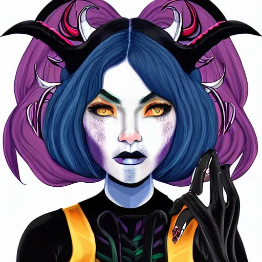 Image similar to illustrated portrait of ram-horned devil woman with blue bob hairstyle and hex #FFA500 colored skin tone and with solid black eyes and black sclera wearing leather by rossdraws