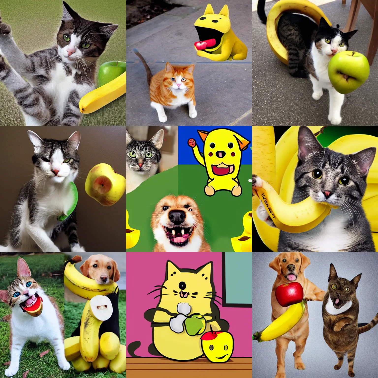 Prompt: cat wearing a banana fighting a dog wearing an apple